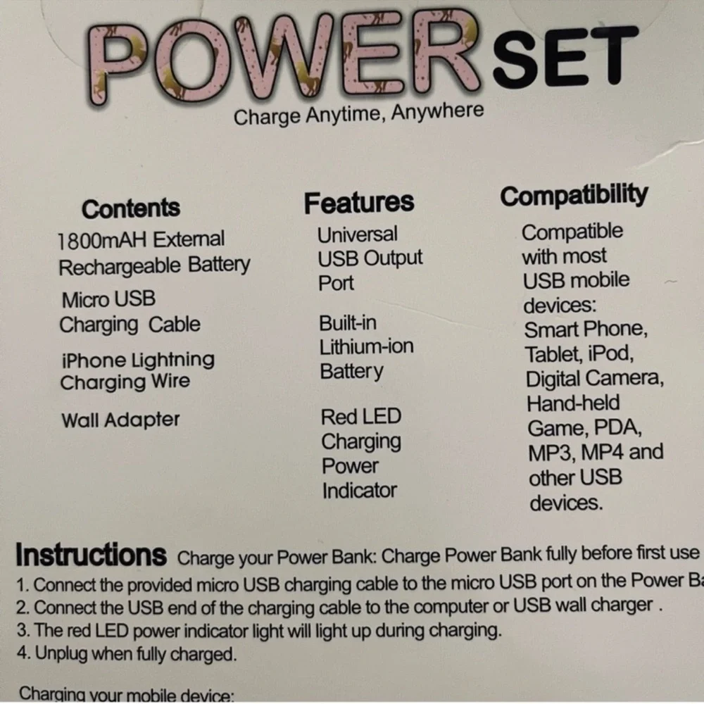 NEW Power Set Charge Mobile Devices Anywhere Power Bank Cables Adaptor Pink